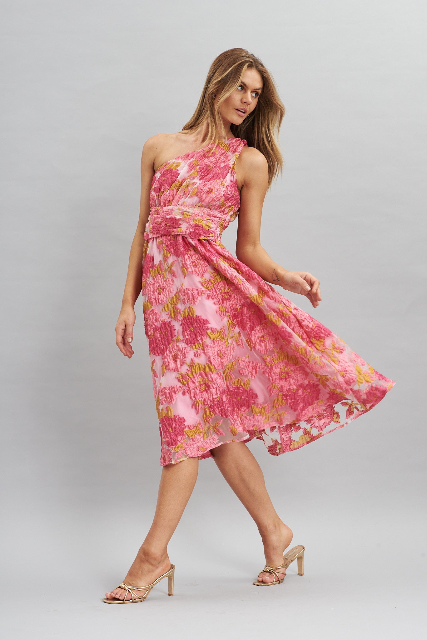 Majestic One Shoulder Midi Dress In Pink Floral Organza Burnout St Frock