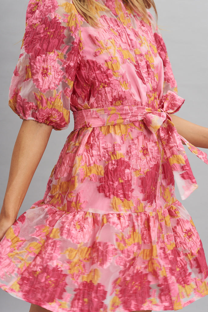 Giuliette Shirt Dress In Pink Floral Organza Burnout - detail