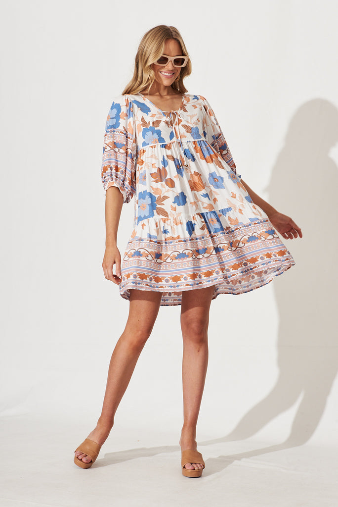 Wednesday Smock Dress In White With Rust Boho Floral - full length