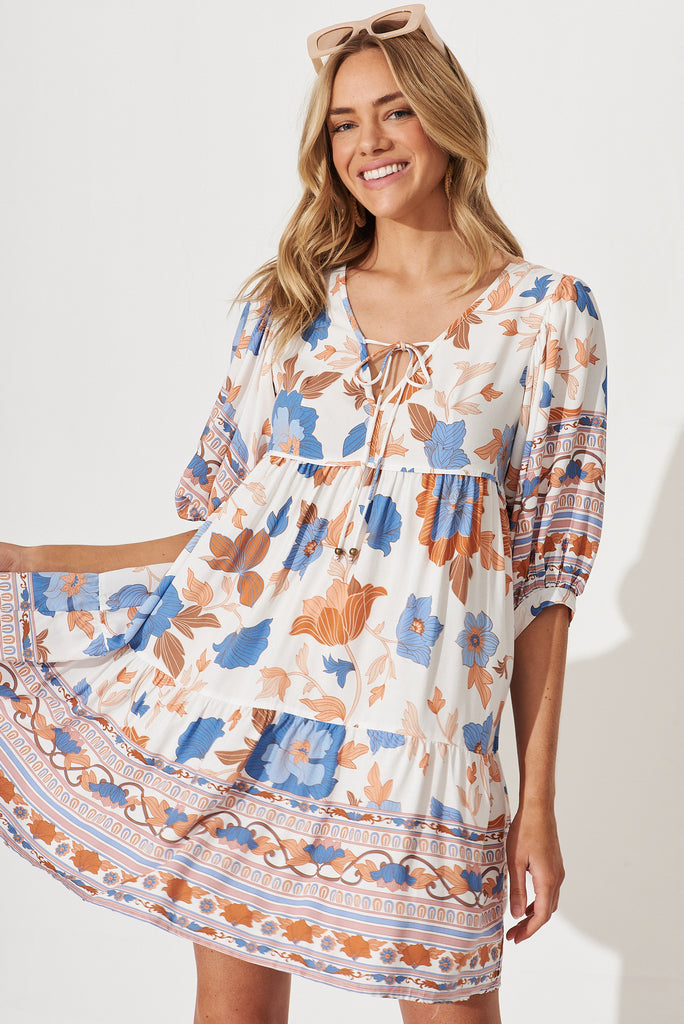 Wednesday Smock Dress In White With Rust Boho Floral - front