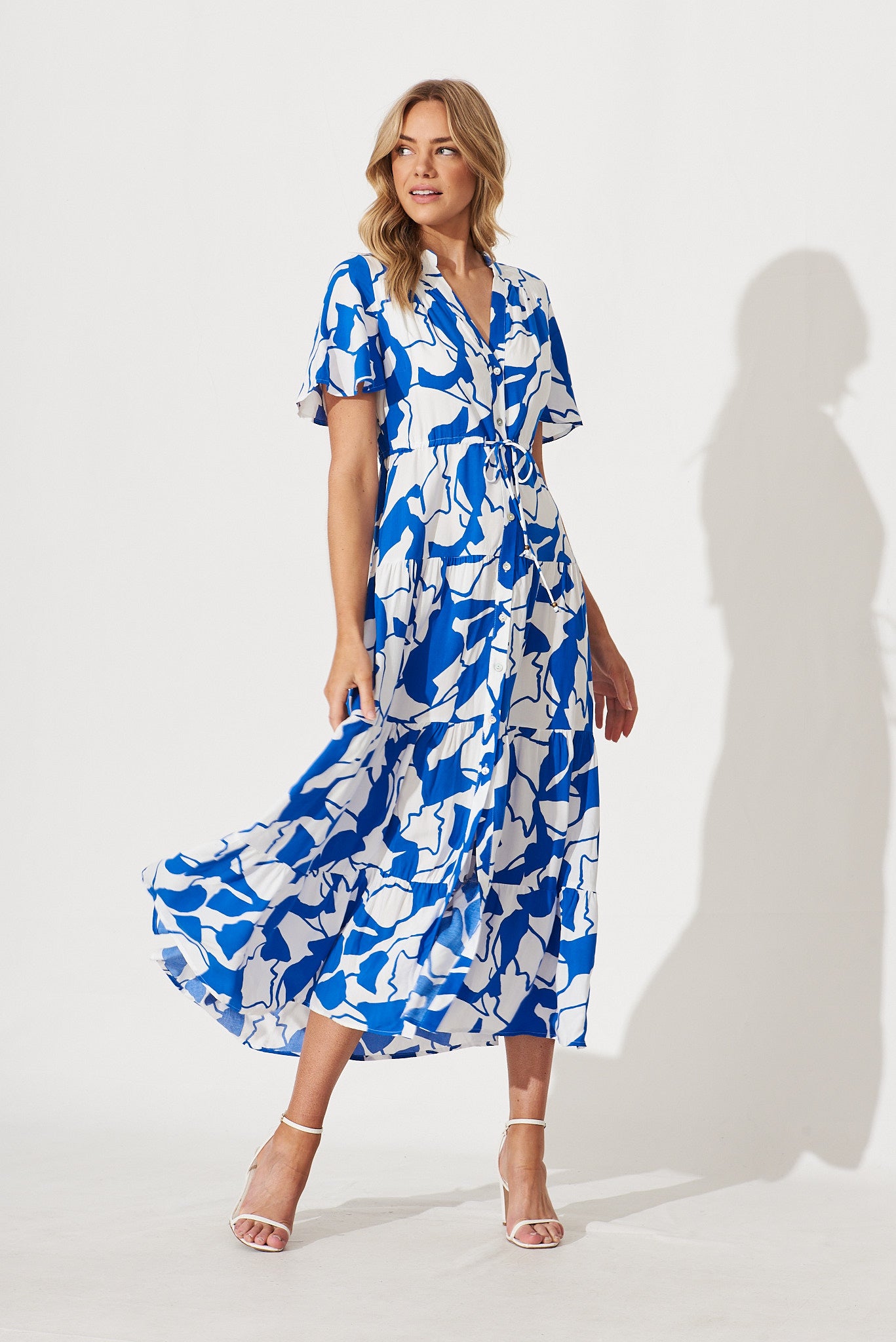 Beverly Maxi Shirt Dress In White With Cobalt Print - full length