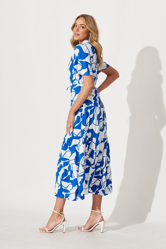 Beverly Maxi Shirt Dress In White With Cobalt Print - side