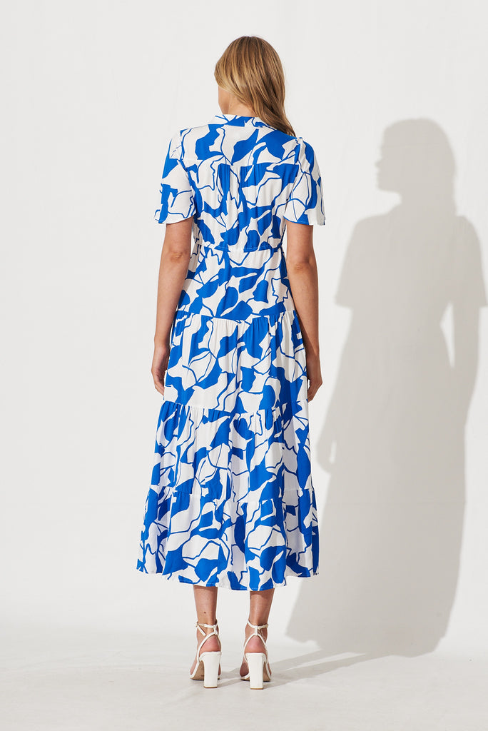 Beverly Maxi Shirt Dress In White With Cobalt Print - back