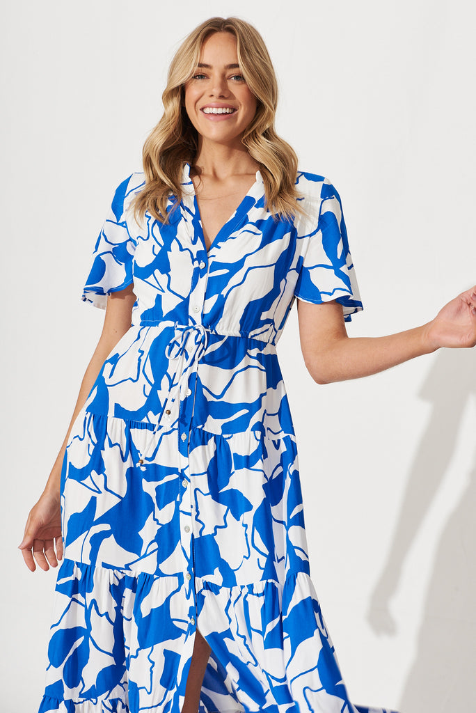 Beverly Maxi Shirt Dress In White With Cobalt Print - front