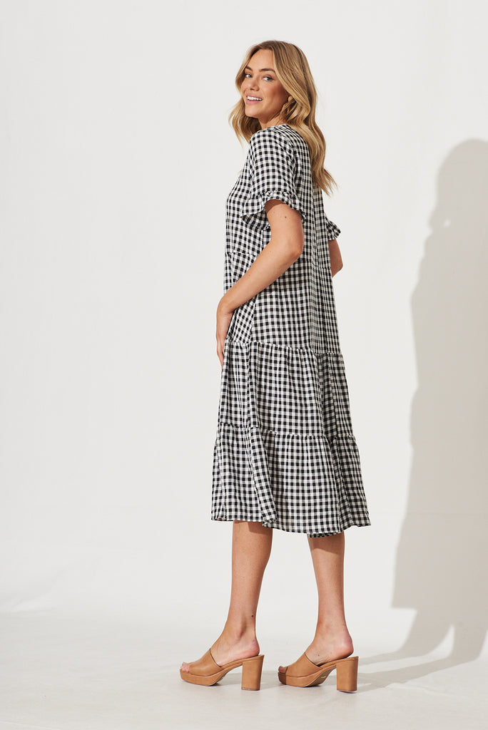 Louisa Midi Smock Dress In Black And White Gingham Cotton Blend - side