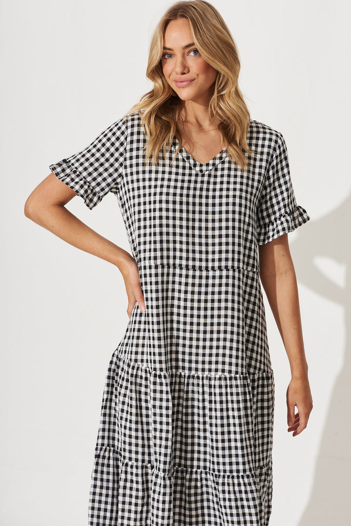 Louisa Midi Smock Dress In Black And White Gingham Cotton Blend - front