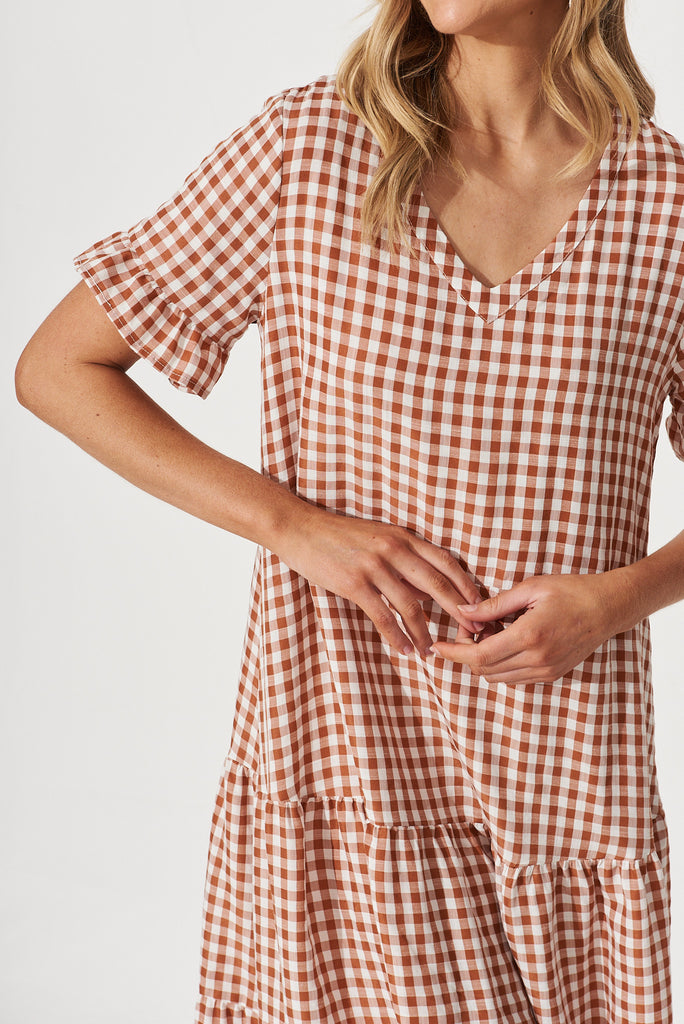 Louisa Midi Smock Dress In Rust And White Gingham Cotton Blend - detail