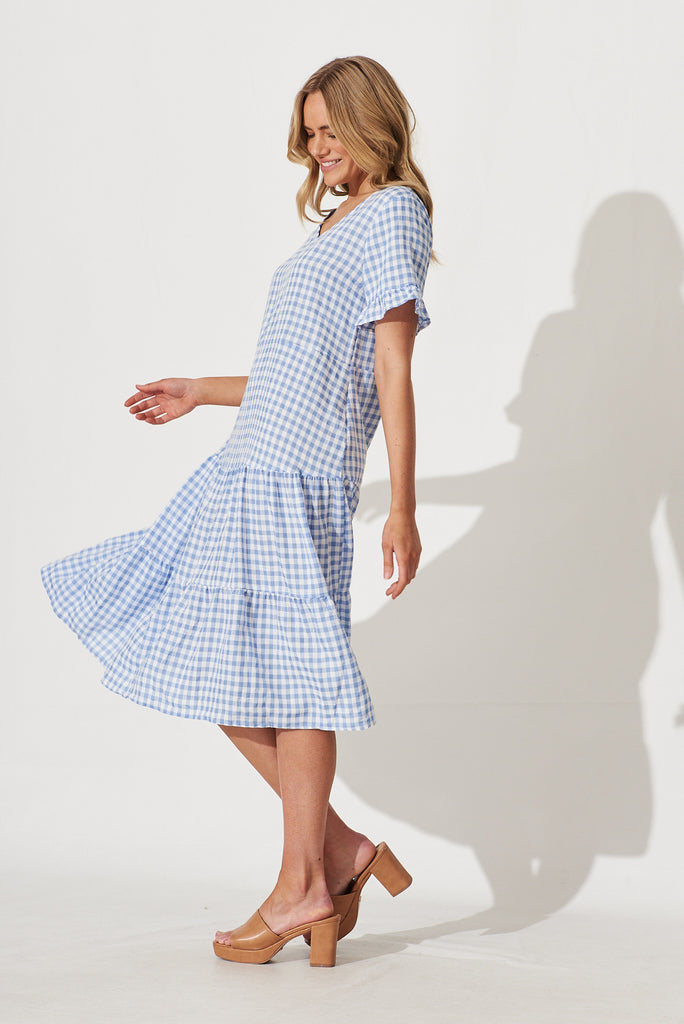 Louisa Midi Smock Dress In Blue And White Gingham Cotton Blend - side