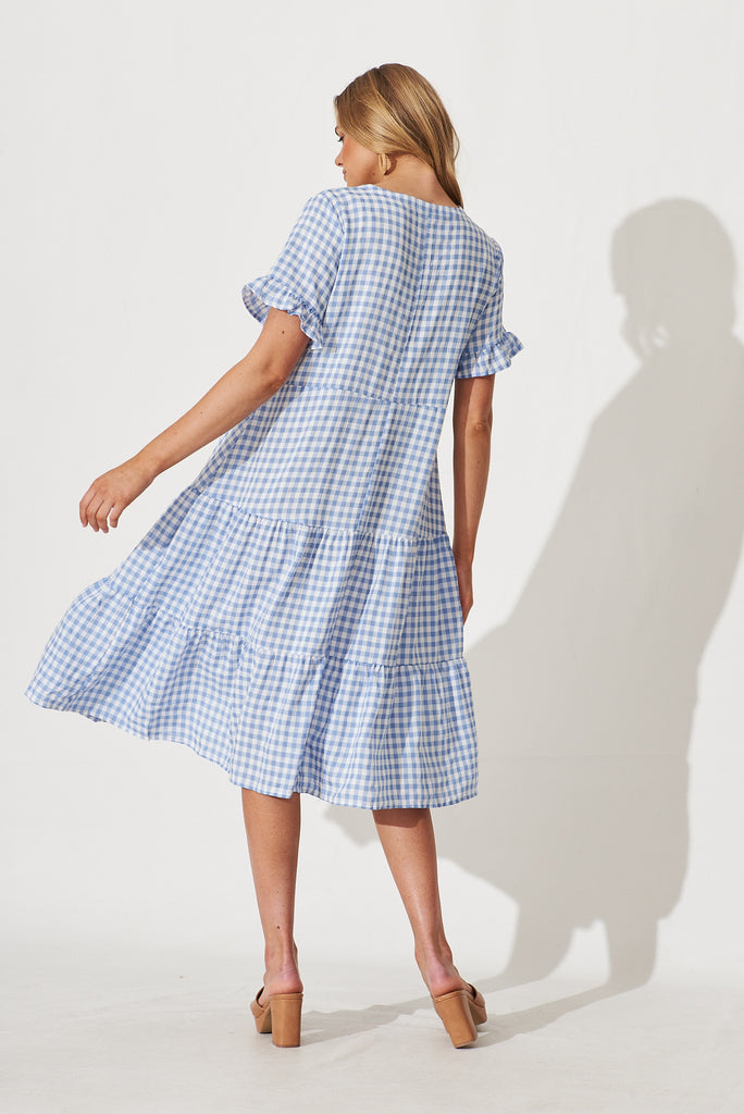 Louisa Midi Smock Dress In Blue And White Gingham Cotton Blend - back