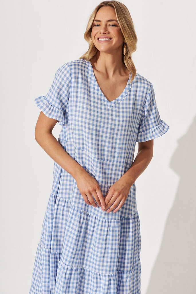 Louisa Midi Smock Dress In Blue And White Gingham Cotton Blend - front