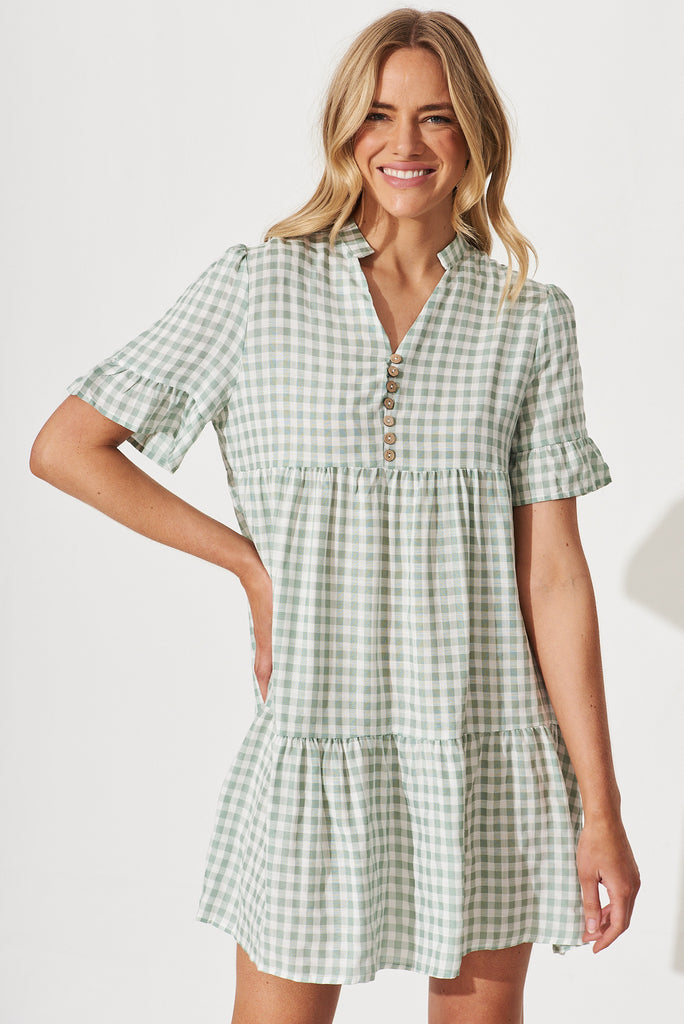 Danna Smock Dress In Green And White Gingham Cotton Blend - front