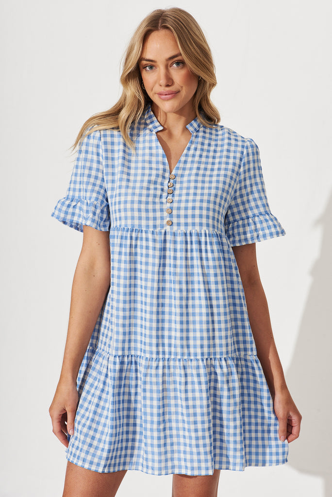 Danna Smock Dress In Blue And White Gingham Cotton Blend - front