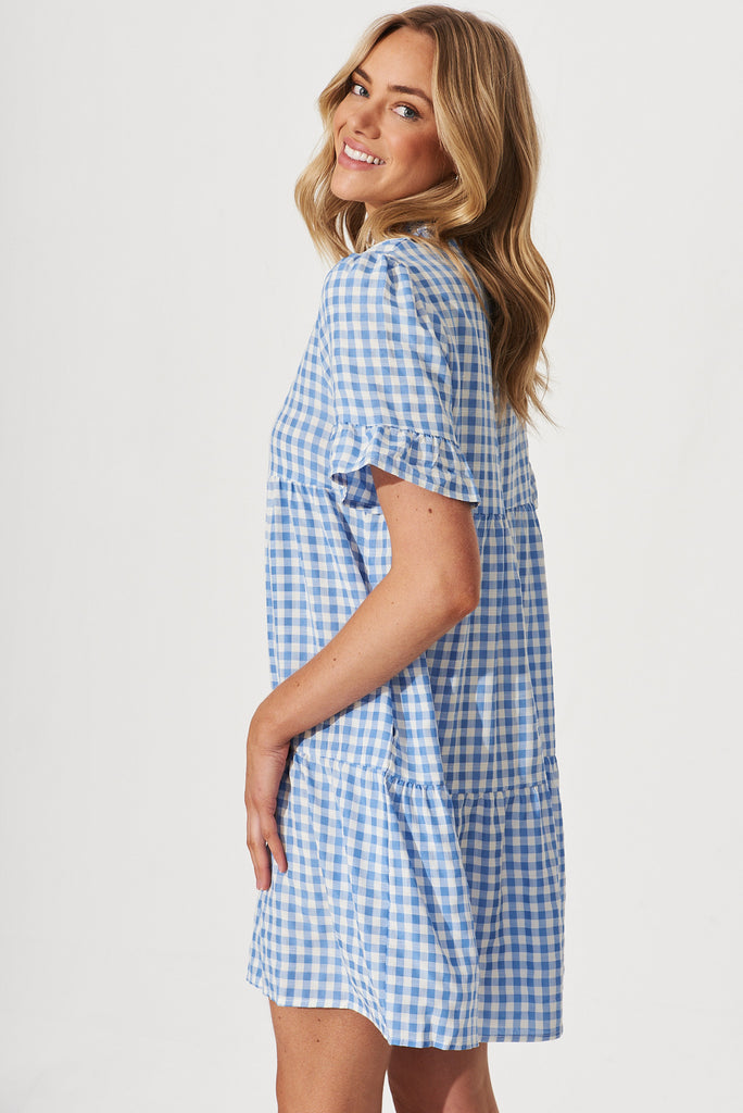 Danna Smock Dress In Blue And White Gingham Cotton Blend - side