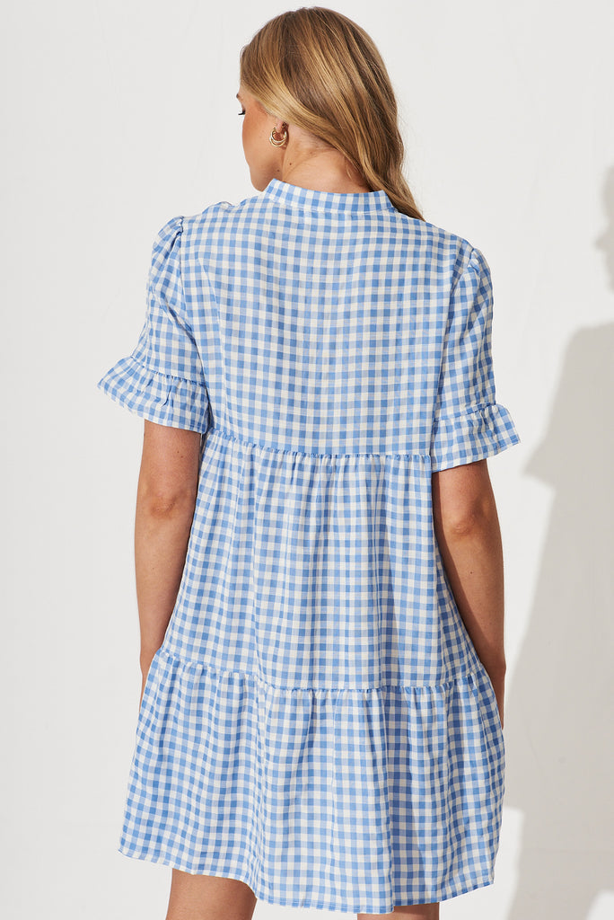 Danna Smock Dress In Blue And White Gingham Cotton Blend - back