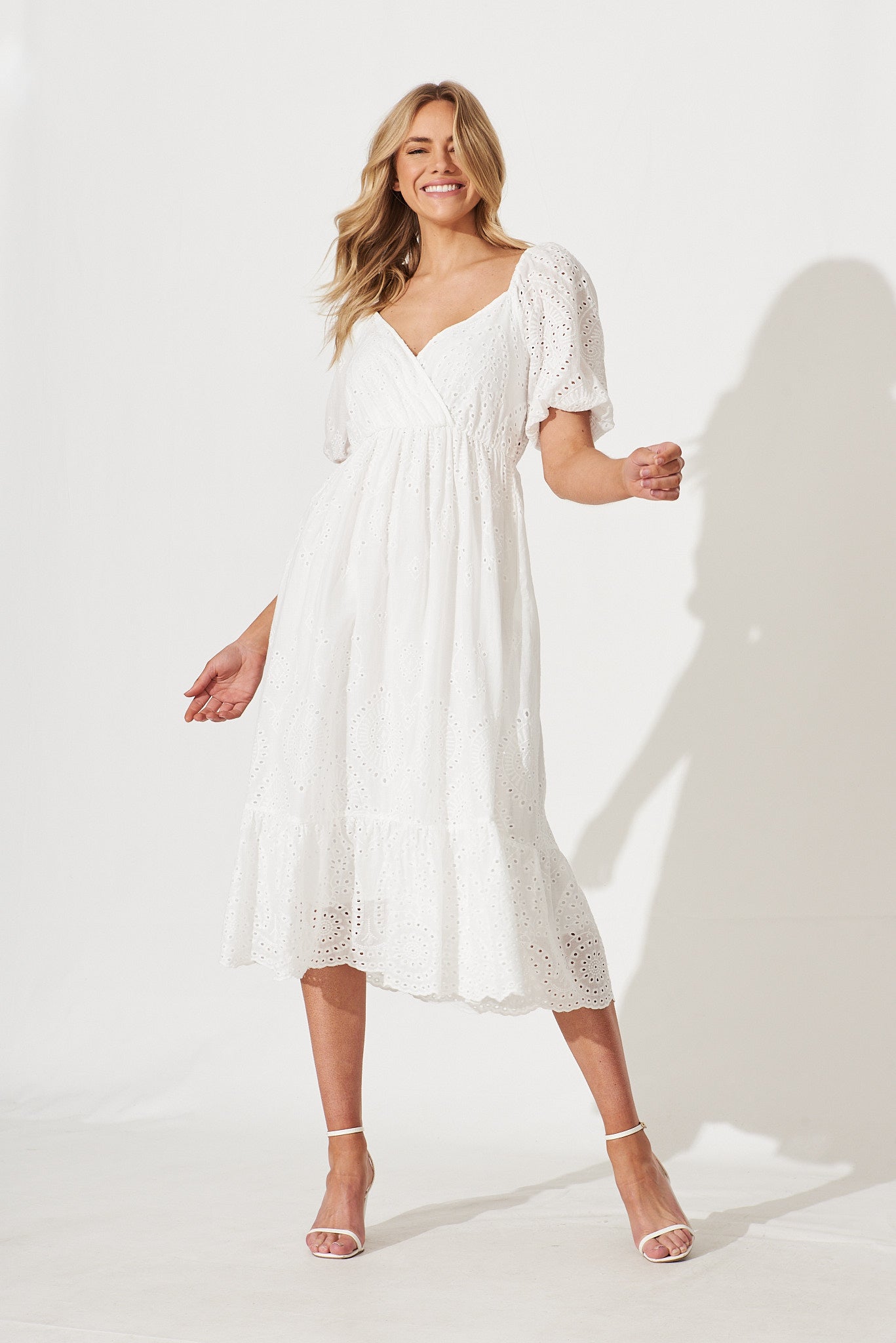 Daylin Midi Dress In White Cotton Broderie - full length
