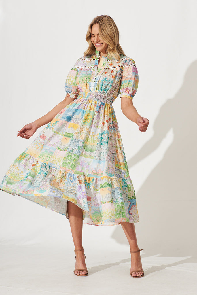 Lynette Midi Dress In Multi Floral Patch Print Cotton - full length