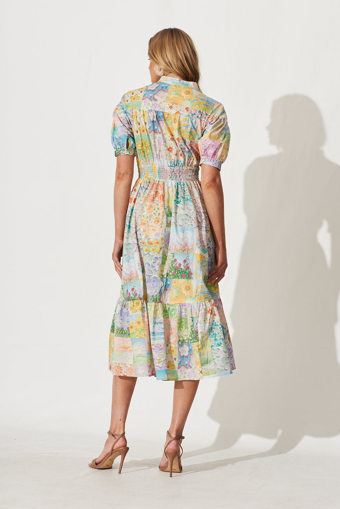 Lynette Midi Dress In Multi Floral Patch Print Cotton - back