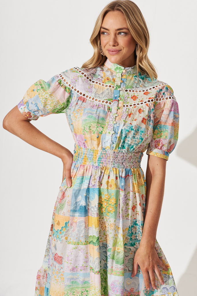 Lynette Midi Dress In Multi Floral Patch Print Cotton - front