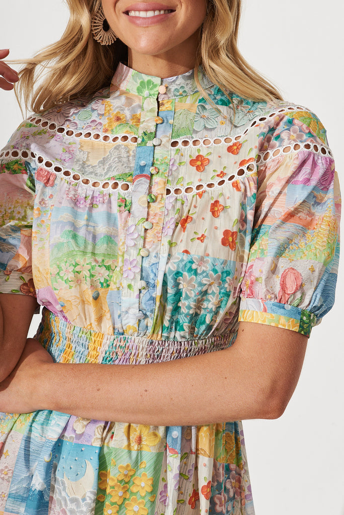 Lynette Midi Dress In Multi Floral Patch Print Cotton - detail