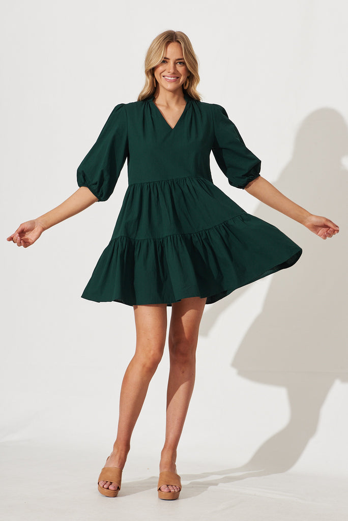 Willa Smock Dress In Emerald Cotton - full length