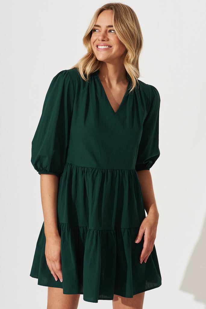 Willa Smock Dress In Emerald Cotton - front