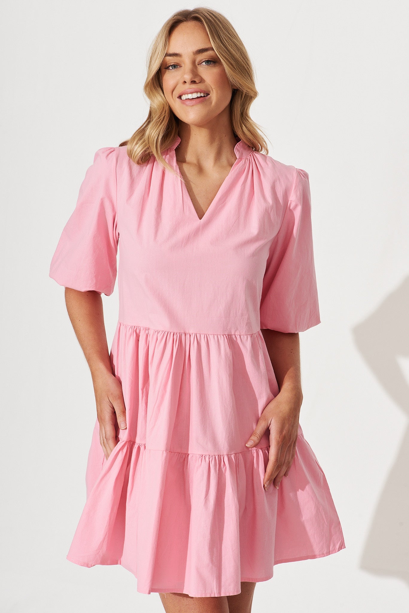 Willa Smock Dress In Pink Cotton - front