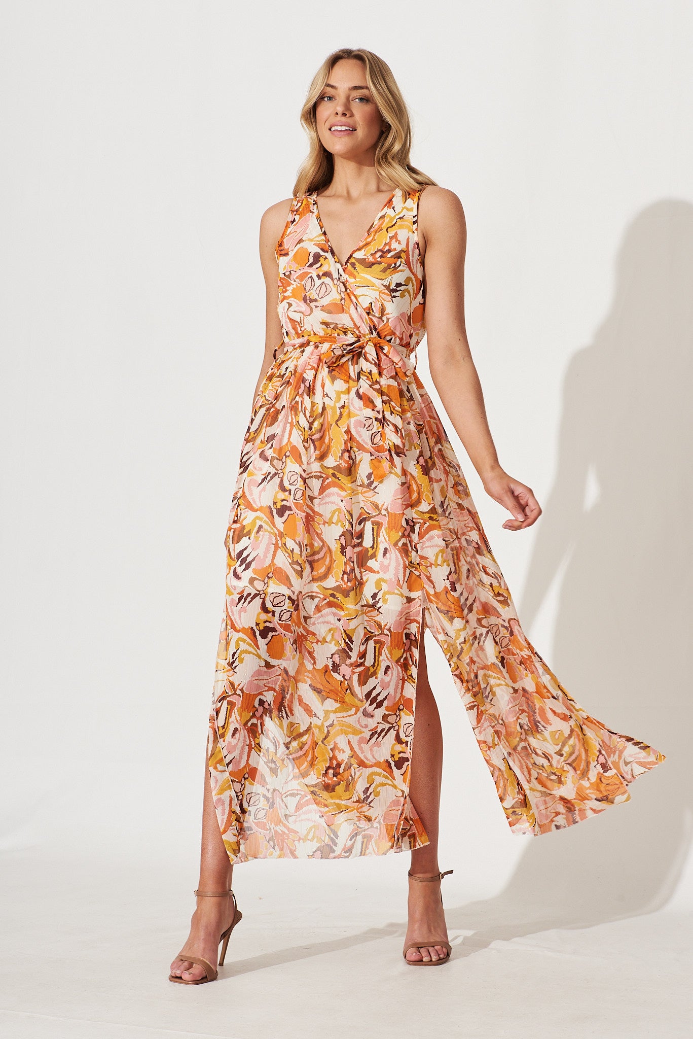 Temptation Maxi Dress In Tangerine Multi Floral Print With Lurex - full length