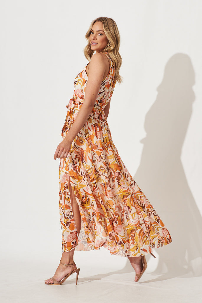 Temptation Maxi Dress In Tangerine Multi Floral Print With Lurex - side