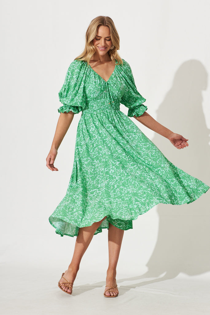 Guinevere Midi Dress In Green With White Print