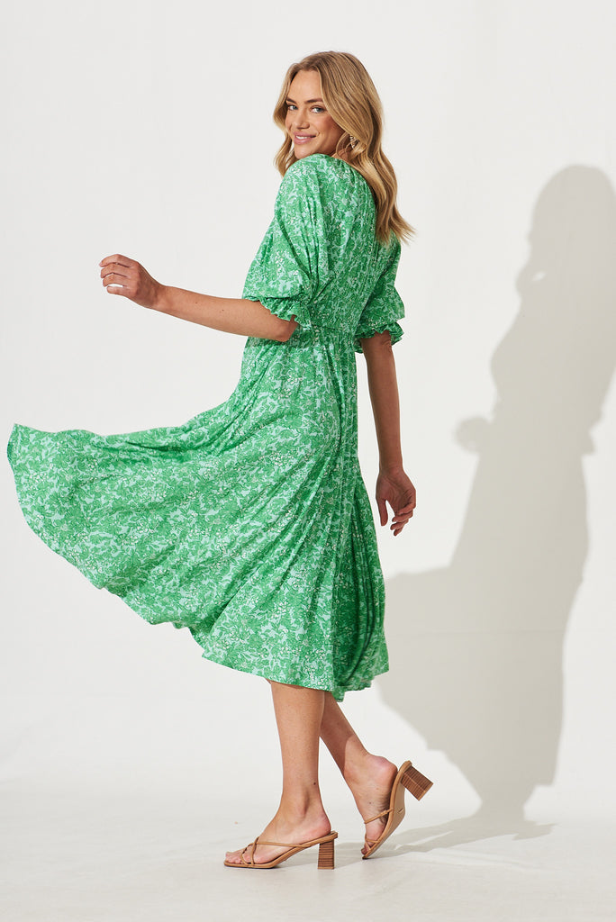 Guinevere Midi Dress In Green With White Print - side
