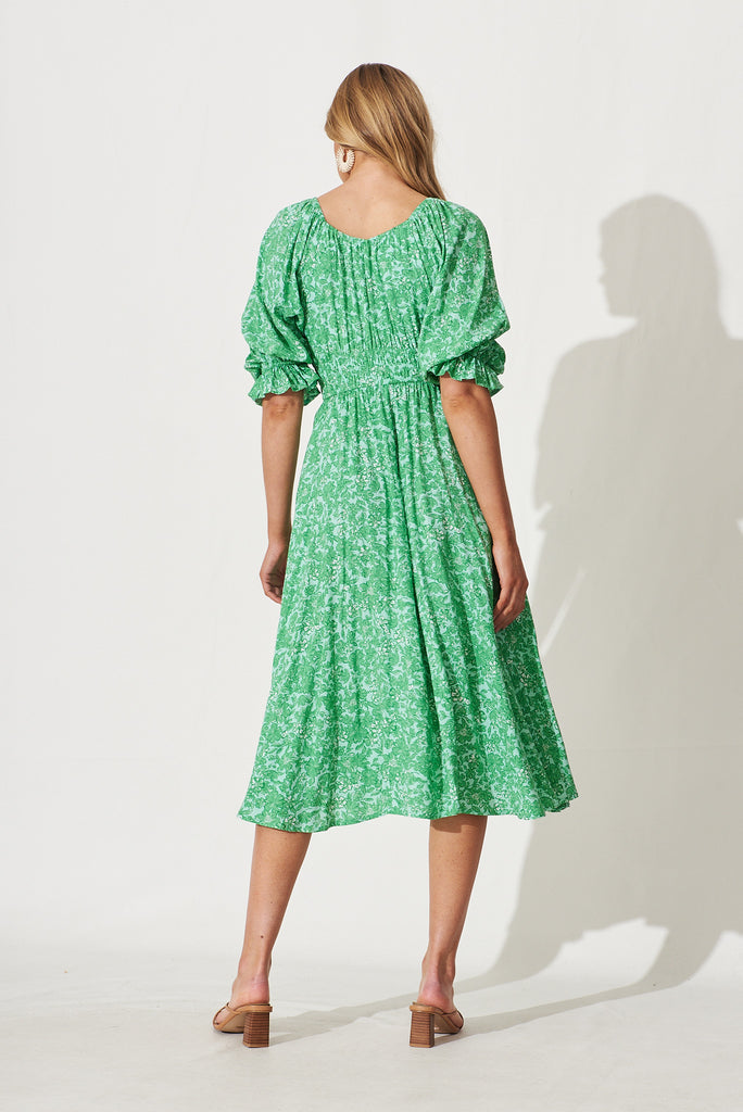 Guinevere Midi Dress In Green With White Print - back