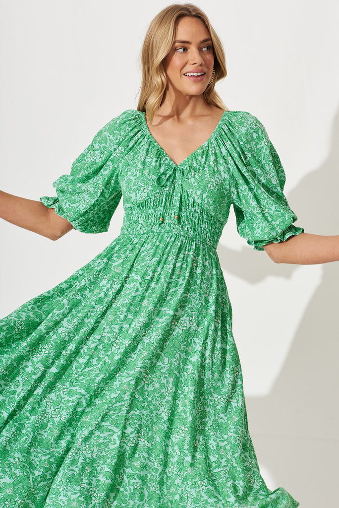 Guinevere Midi Dress In Green With White Print - front