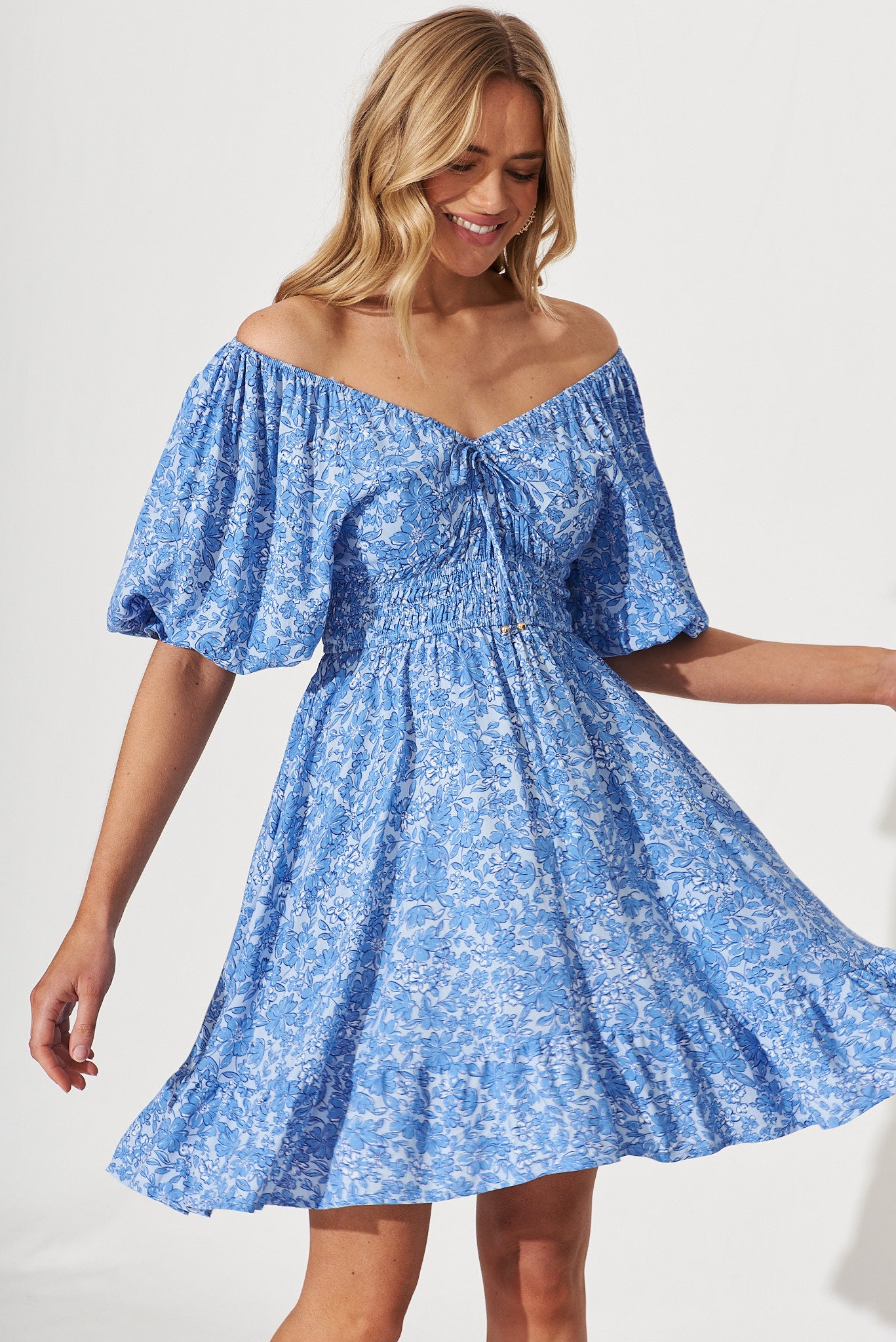 Oklahoma Dress In Blue With White Print - front