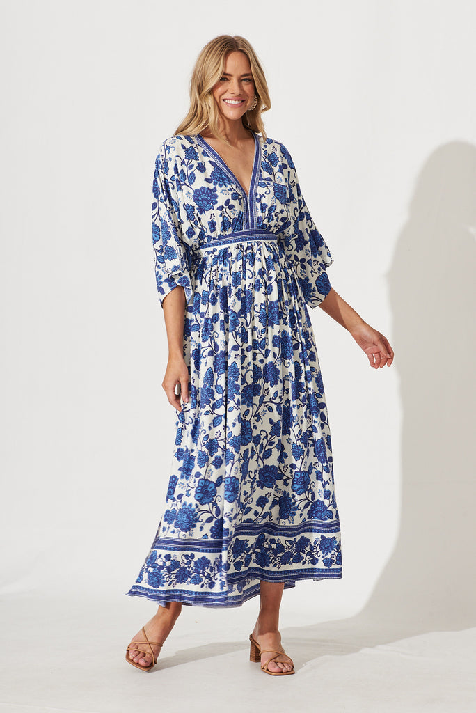 Break Free Maxi Dress In Cream With Blue Floral Border Print - full length