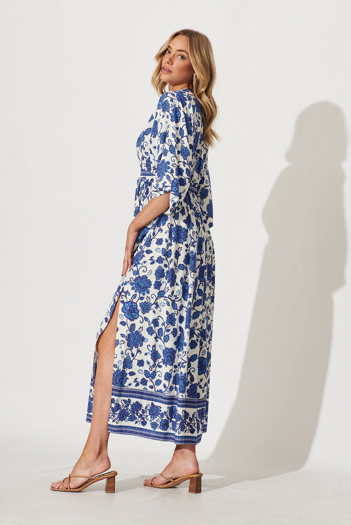 Break Free Maxi Dress In Cream With Blue Floral Border Print - side