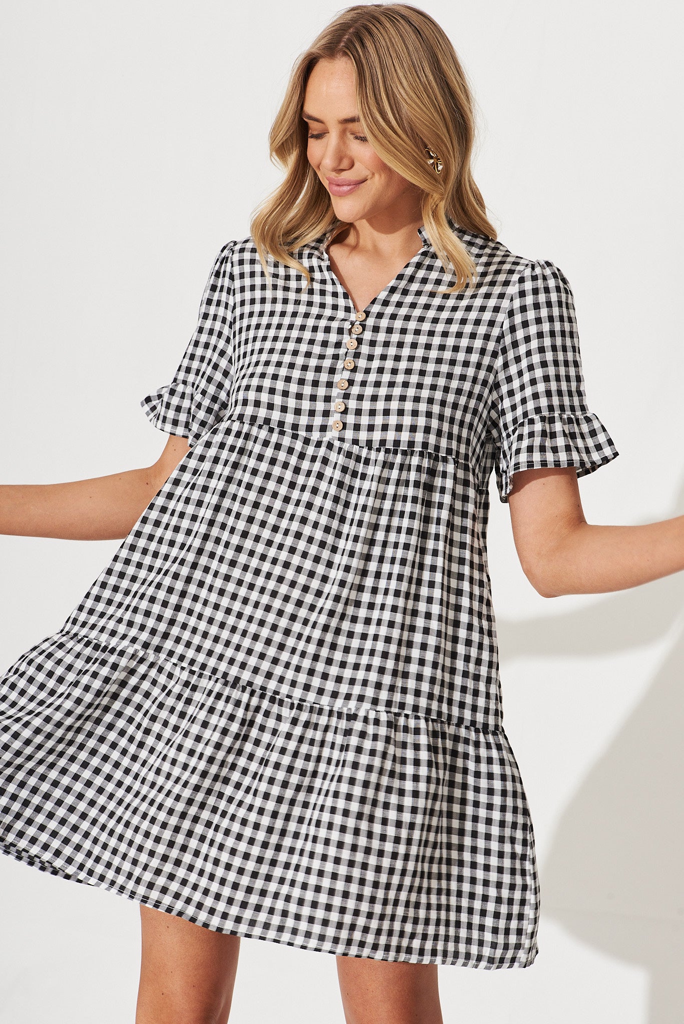 Danna Smock Dress In Black And White Gingham Cotton Blend - front