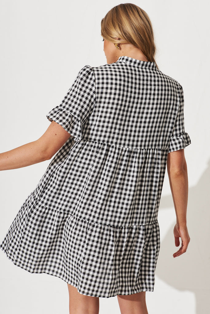 Danna Smock Dress In Black And White Gingham Cotton Blend - back