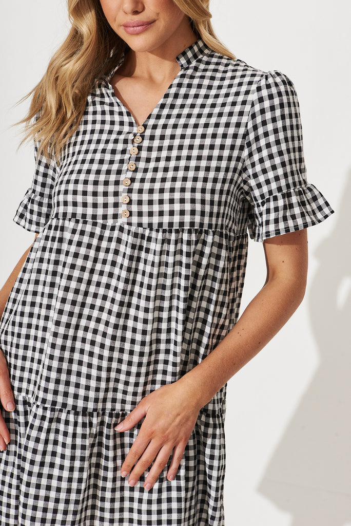 Danna Smock Dress In Black And White Gingham Cotton Blend - detail