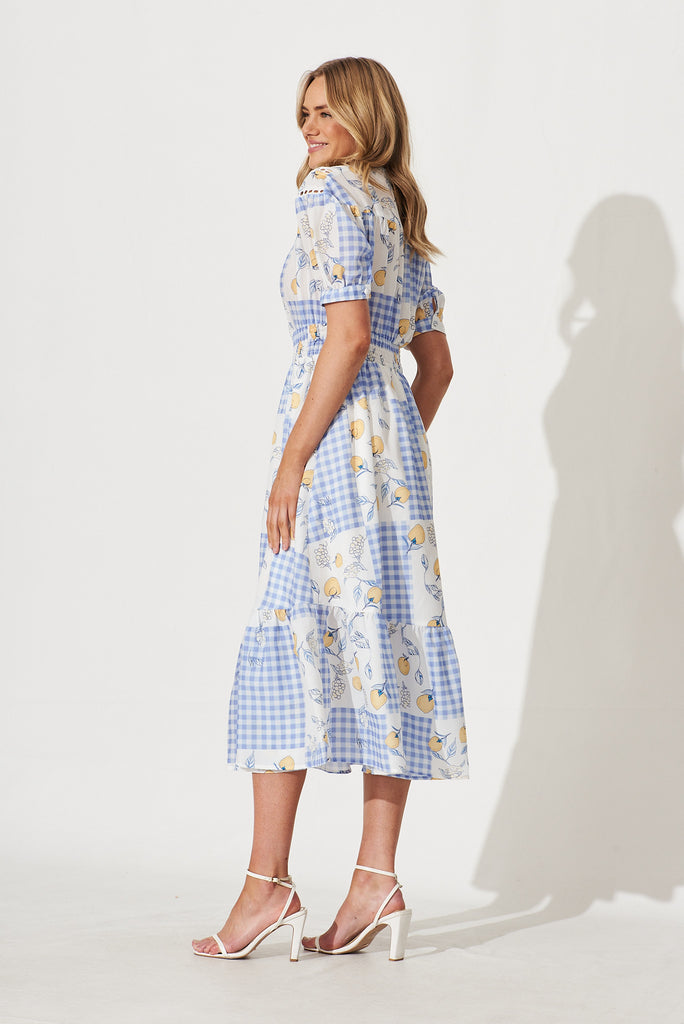 Lynette Midi Dress In Blue Gingham Check With Lemon Patch Print - side