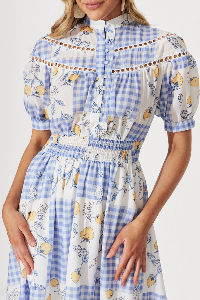 Lynette Midi Dress In Blue Gingham Check With Lemon Patch Print - front