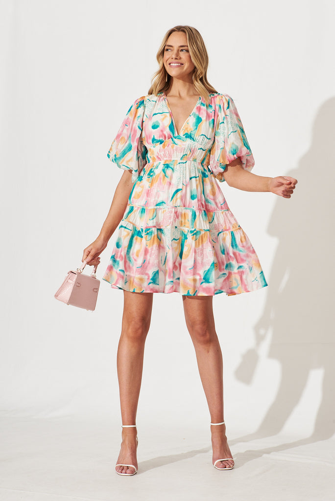 Amarusso Dress In Pink With Multi Watercolour Floral Print - full length
