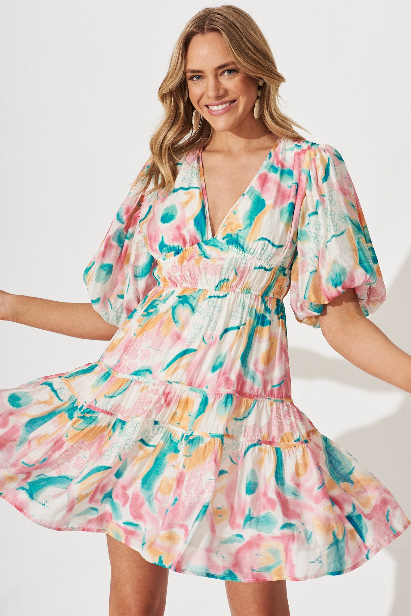 Amarusso Dress In Pink With Multi Watercolour Floral Print - front