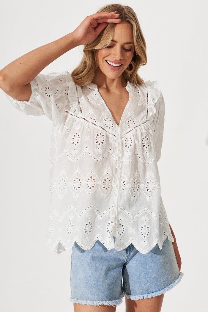 Angelina Shirt In White Cotton Broderie - front