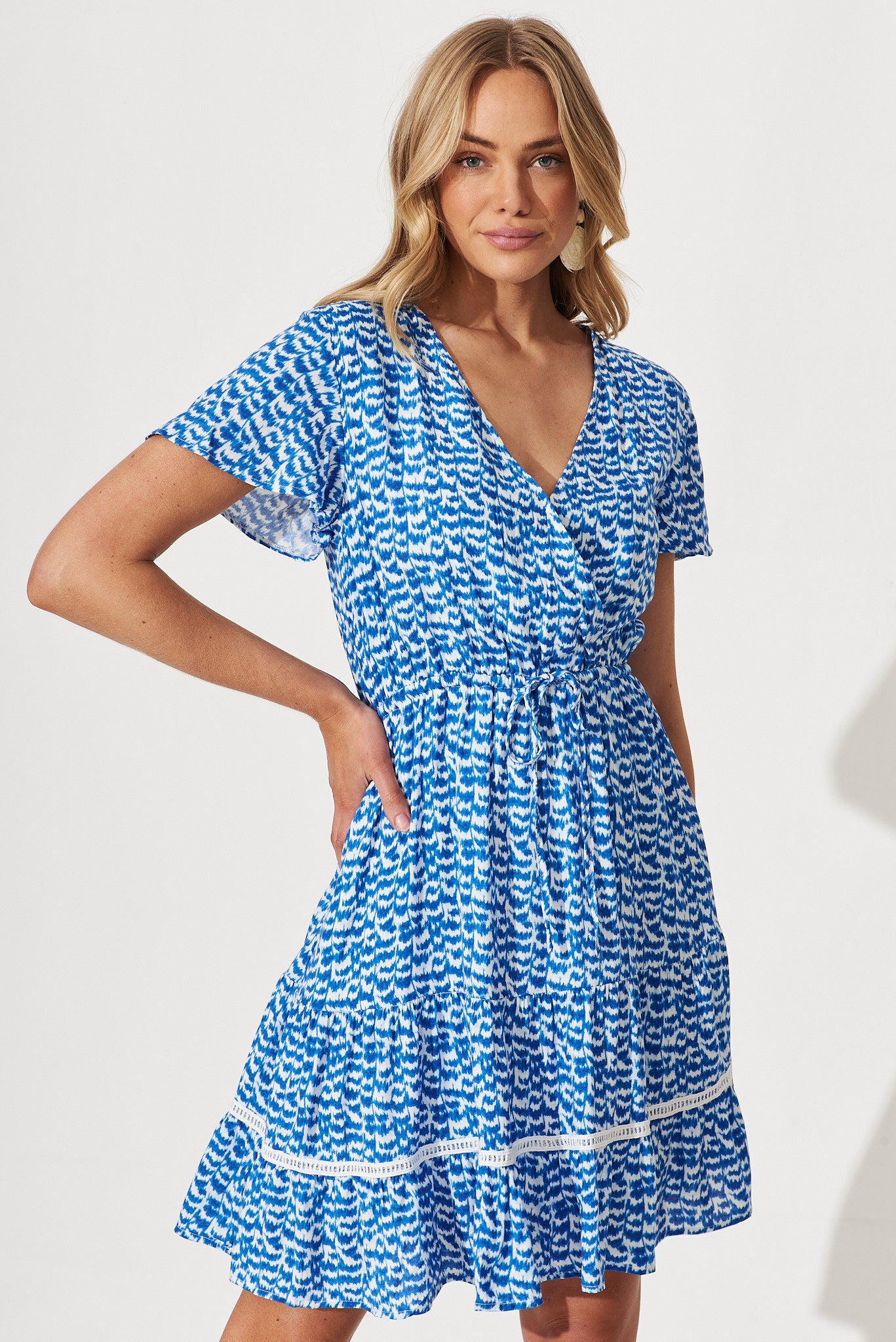 Aquarius Dress In Cobalt Blue With White Print - front