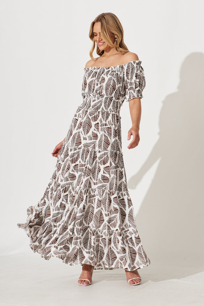 Justina Maxi Dress In White With Brown Leaf Print - full length