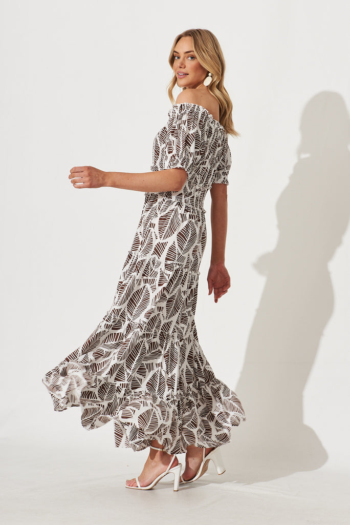 Justina Maxi Dress In White With Brown Leaf Print - side