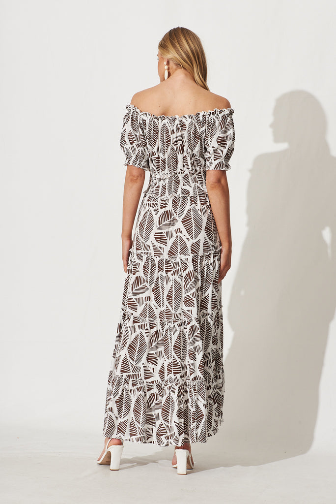 Justina Maxi Dress In White With Brown Leaf Print - back