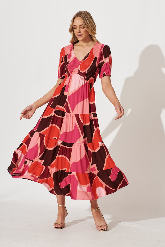 Kami Maxi Dress In Pink With Red Geometric Print Bamboo Rayon - full length