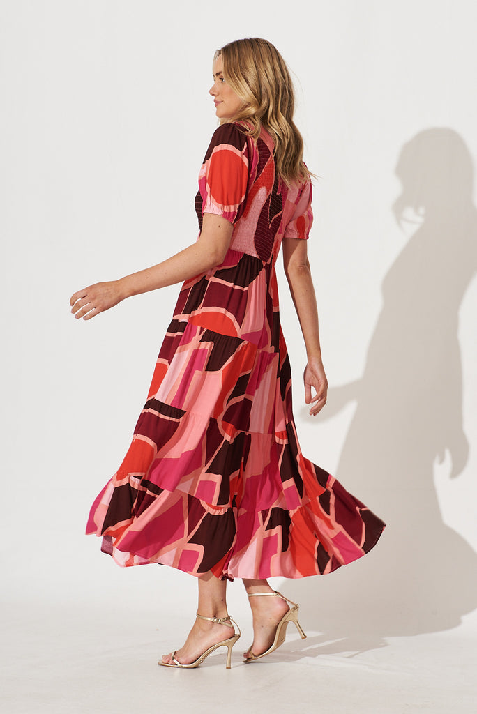 Kami Maxi Dress In Pink With Red Geometric Print Bamboo Rayon - side