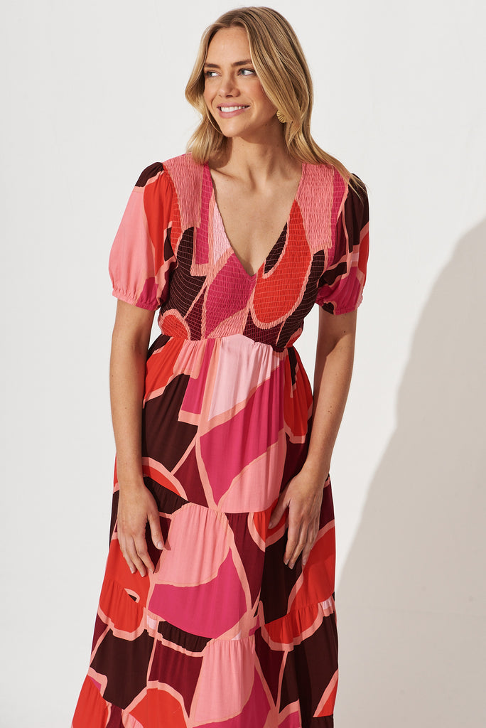 Kami Maxi Dress In Pink With Red Geometric Print Bamboo Rayon - front